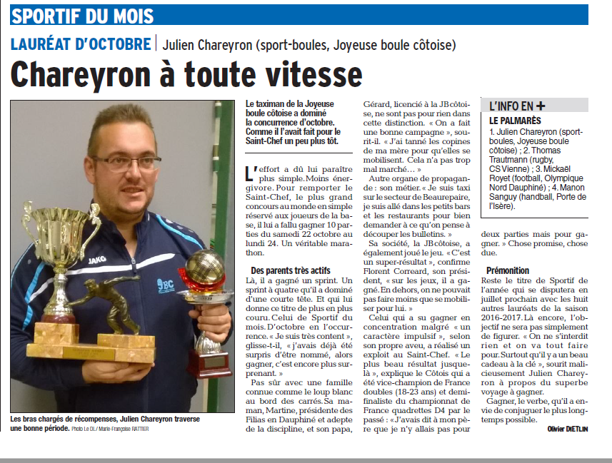 Julien Chareyron sportif d’Octobre du Dauphiné-Libéré