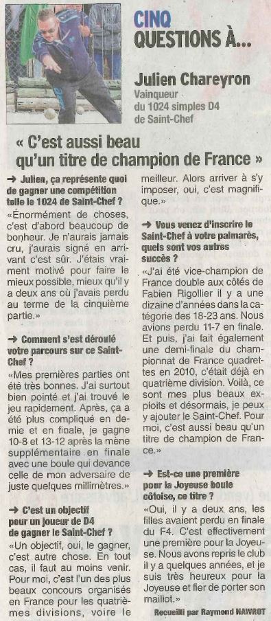 Julien Chareyron dans les 4 finalistes du Sportif du Mois de Nov.