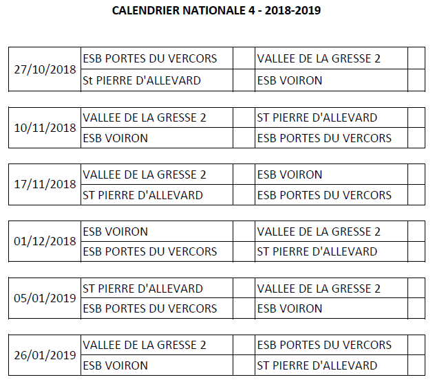 Calendrier 2018-2019 Clubs N4