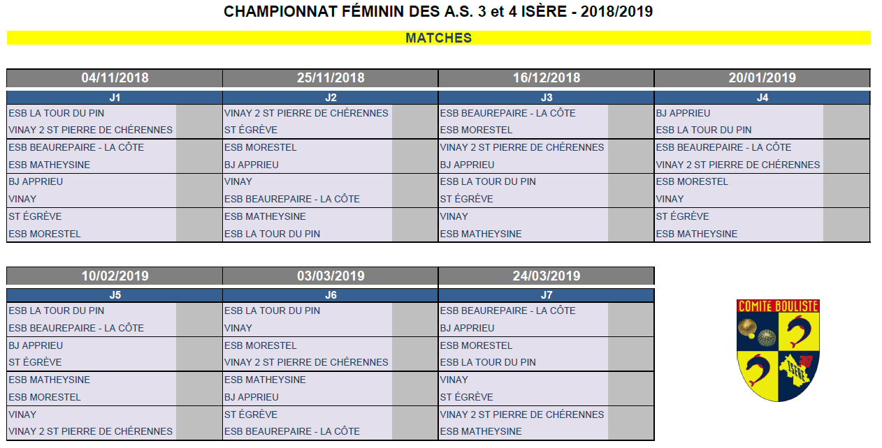 Calendrier AS F3-F4 2018-2019