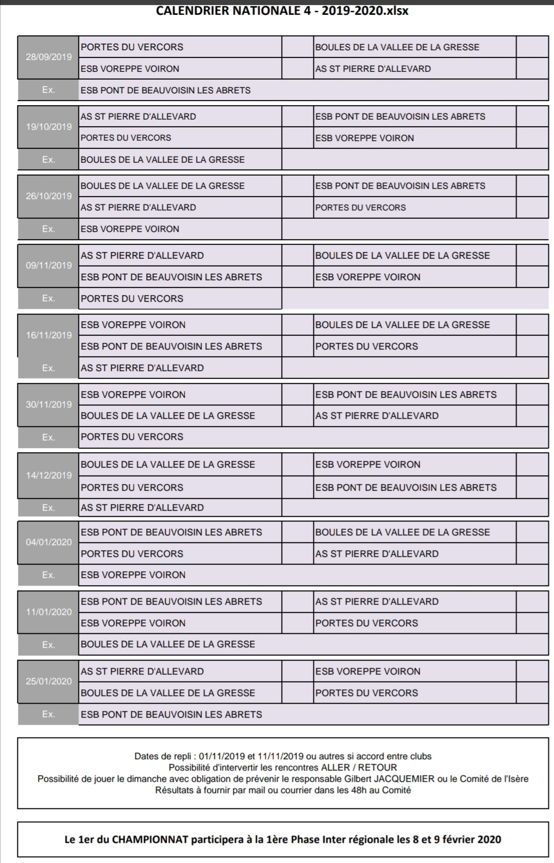 Calendrier N4 2019-2020