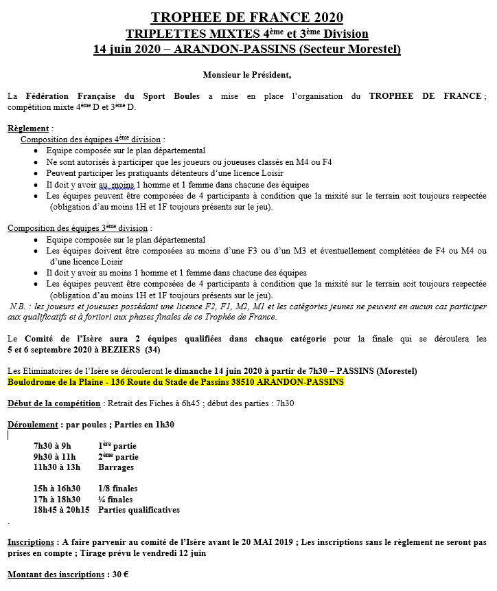 Inscriptions Trophée de France 2020