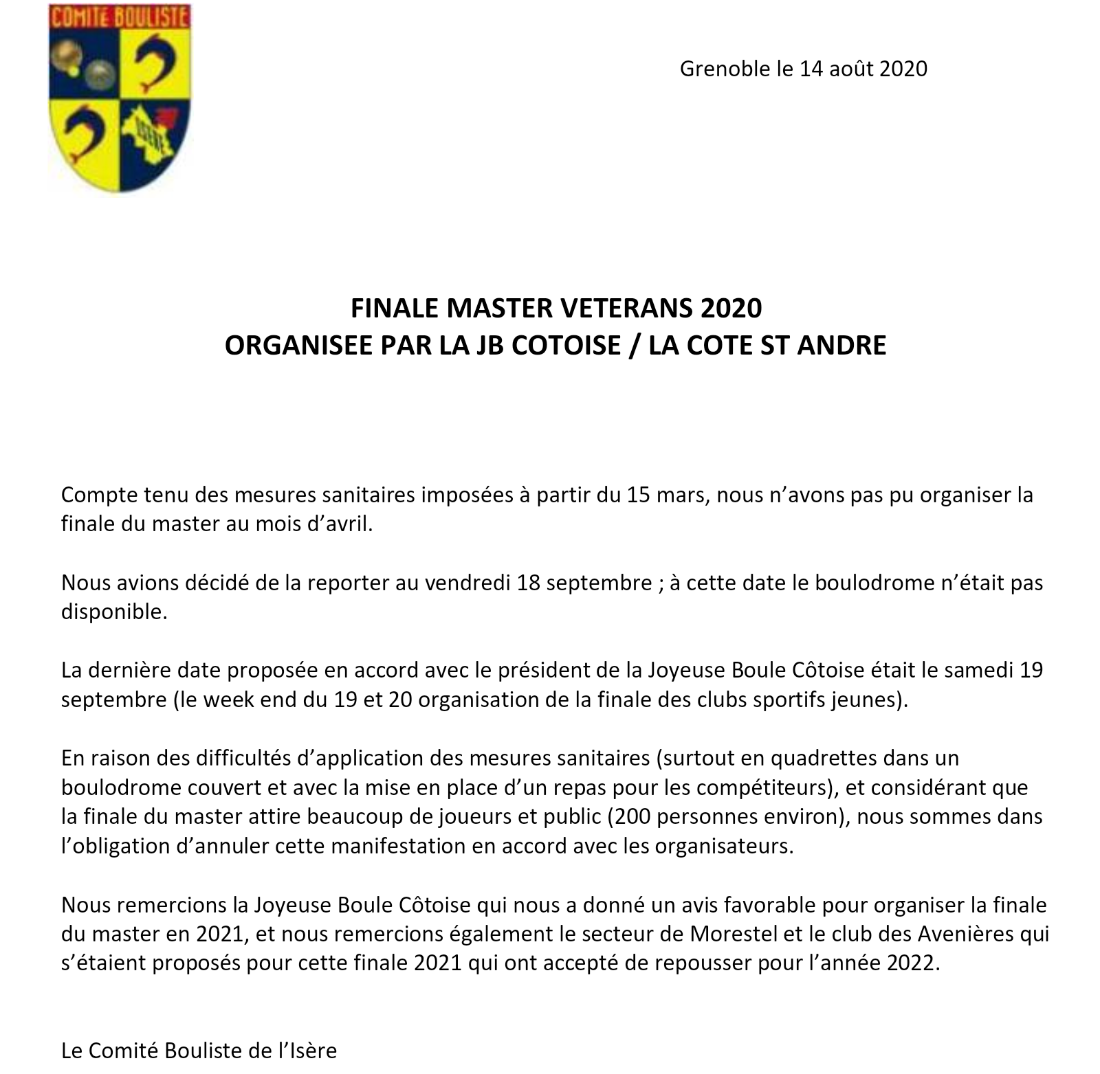 Communiqué journée finale Master Vétérans 2020