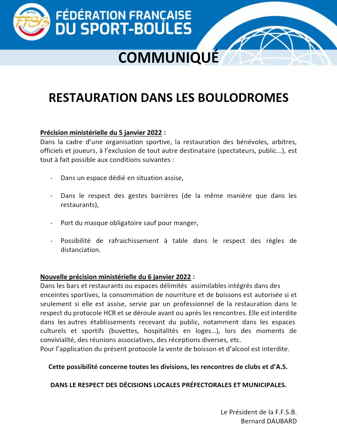 Communiqué FFSB 06/01/2022 !